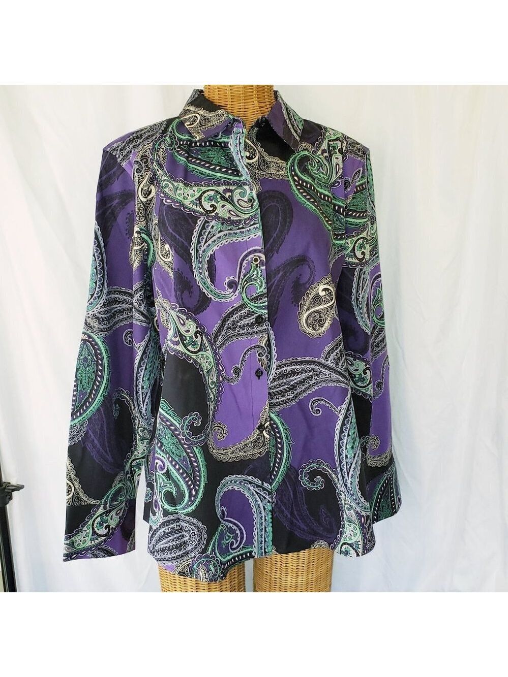 Chico's No Iron Purple Green Paisley Button Down Shirt - Size 3